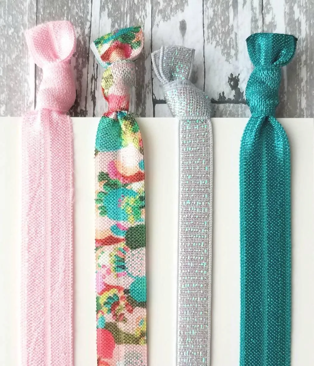 Cactus Hair Accessory Set - pink/aqua teal succulent plant cacti desert plant - tie elastic ribbon ponytail holder band gift ladies girls