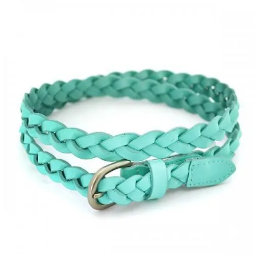 CAROL - Womens Mint Green Skinny Plaited Leather Belt