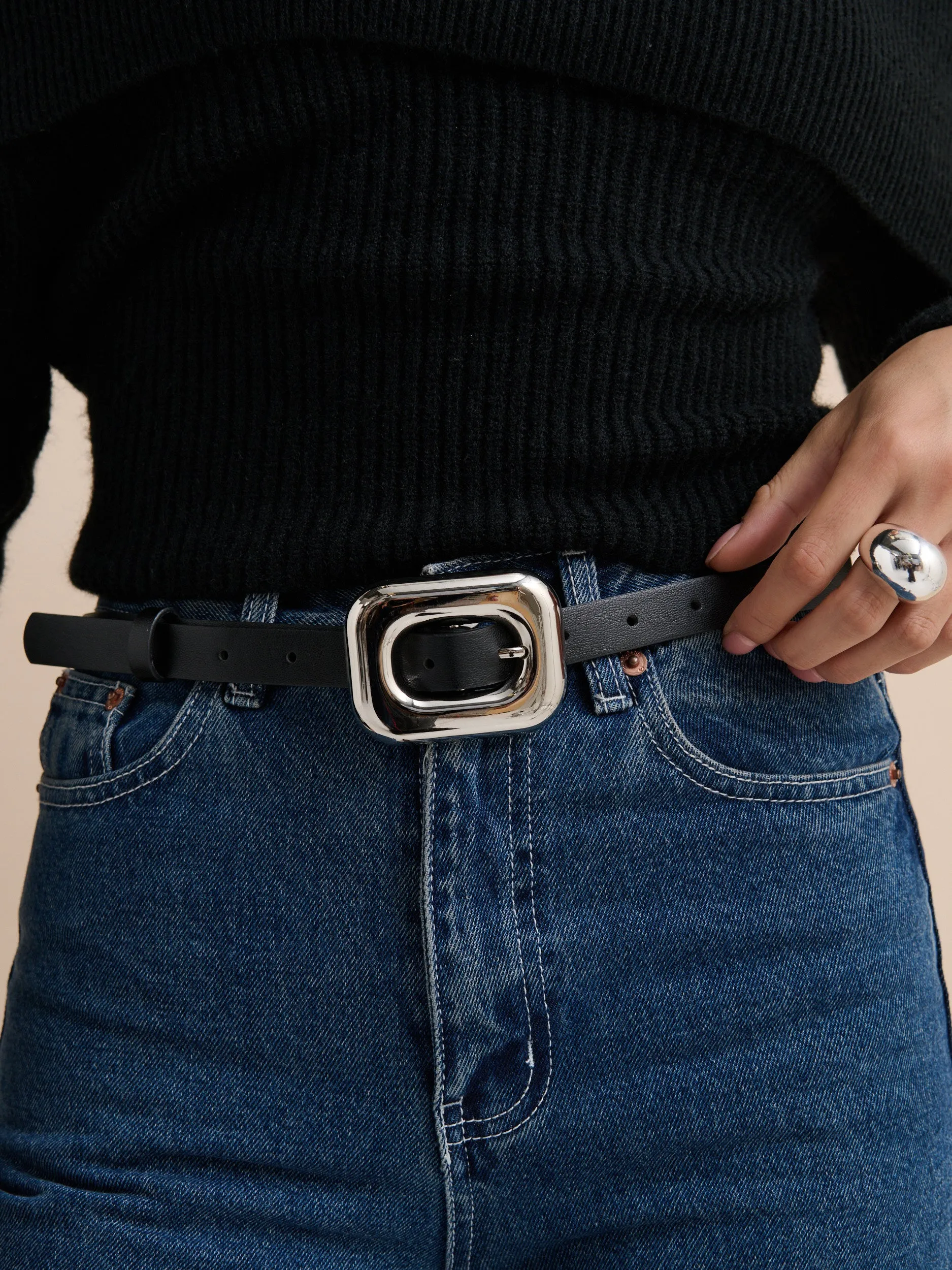 Chain Buckle PU Skinny Belt