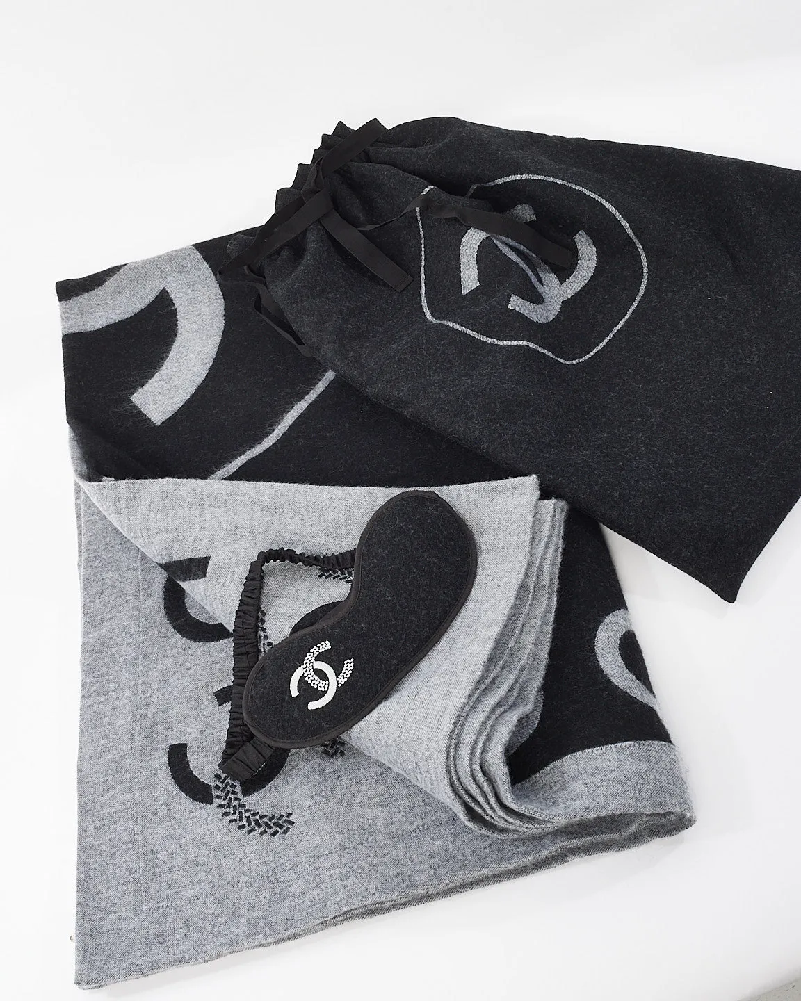 Chanel Black & Grey Logo Wool Blanket