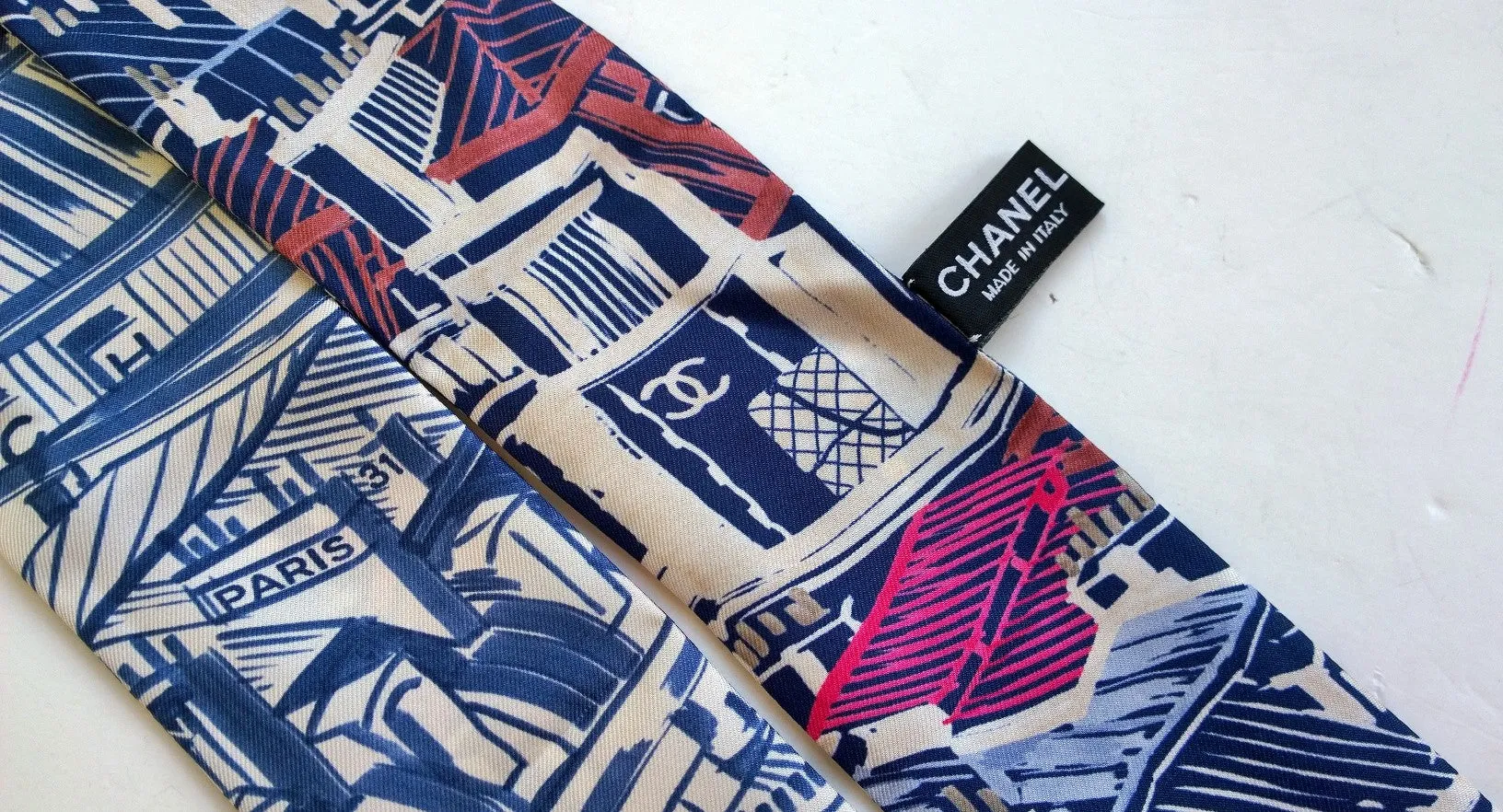 Chanel Silk Twilly Scarf Slim Bandeau Boutique Logo Drawing Accessories