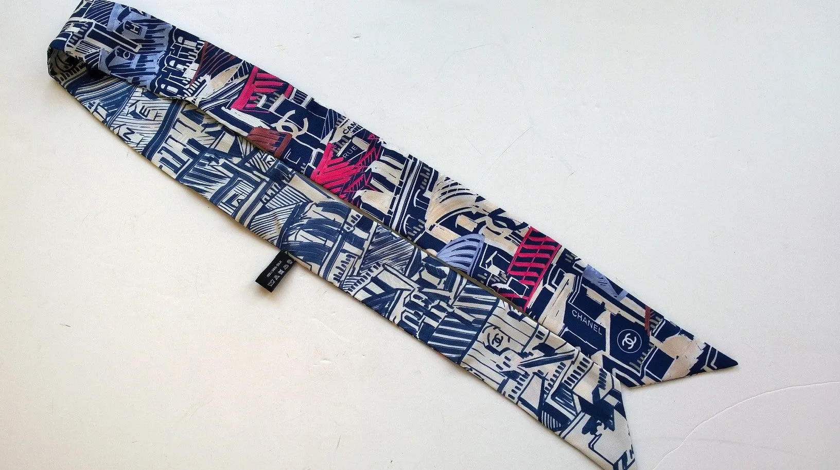 Chanel Silk Twilly Scarf Slim Bandeau Boutique Logo Drawing Accessories