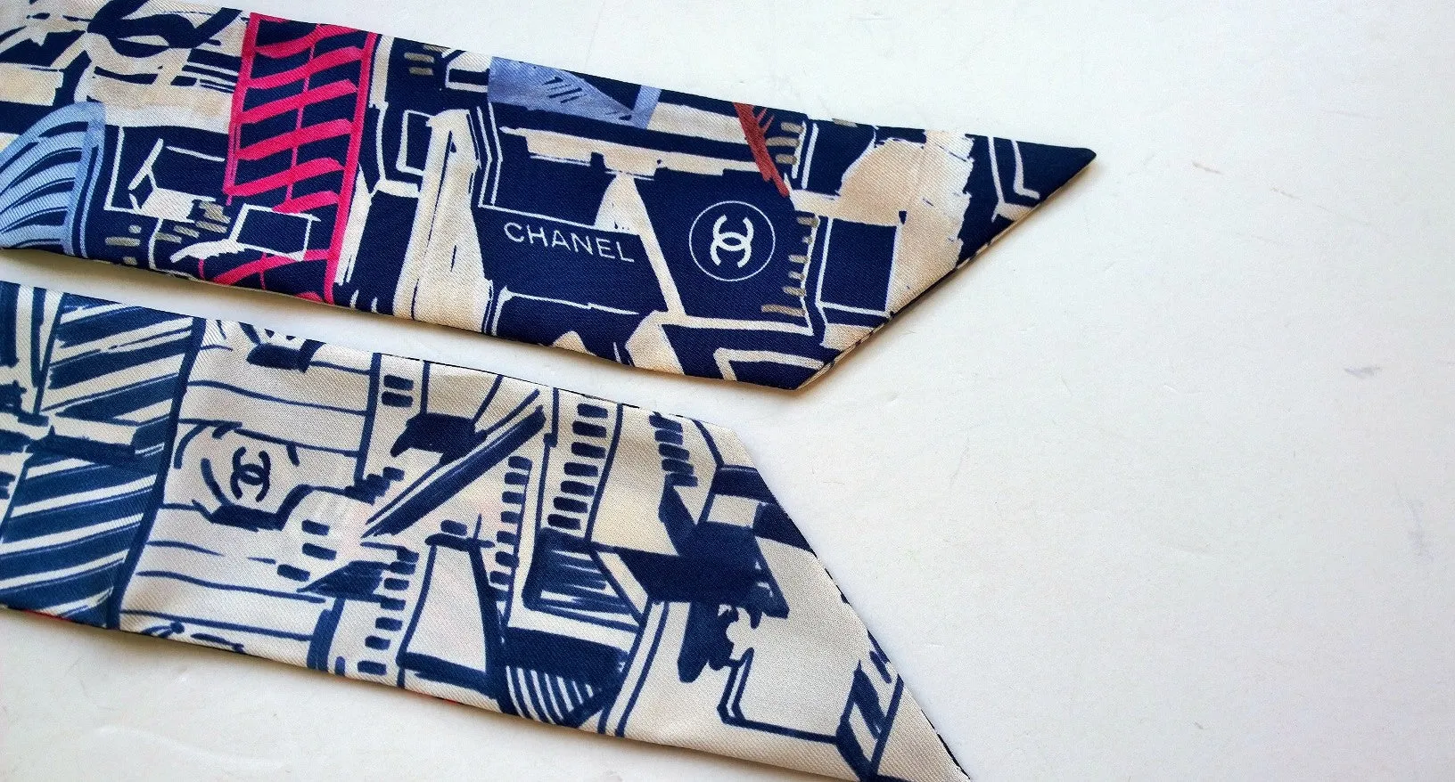 Chanel Silk Twilly Scarf Slim Bandeau Boutique Logo Drawing Accessories