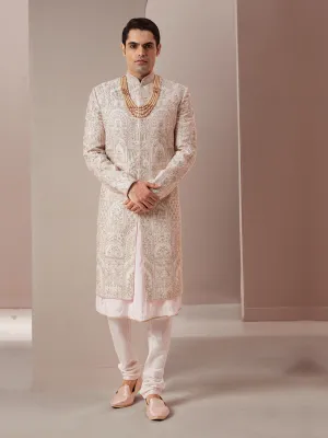 Classic Off-White Pink Sherwani Adorned with Exquisite Self Threadwork