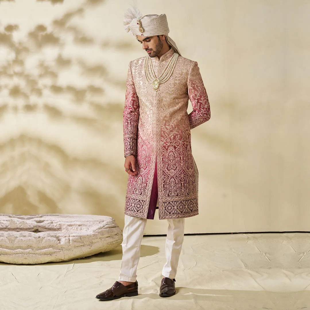 Crimson Red Silk Sherwani with Pajama for Groom