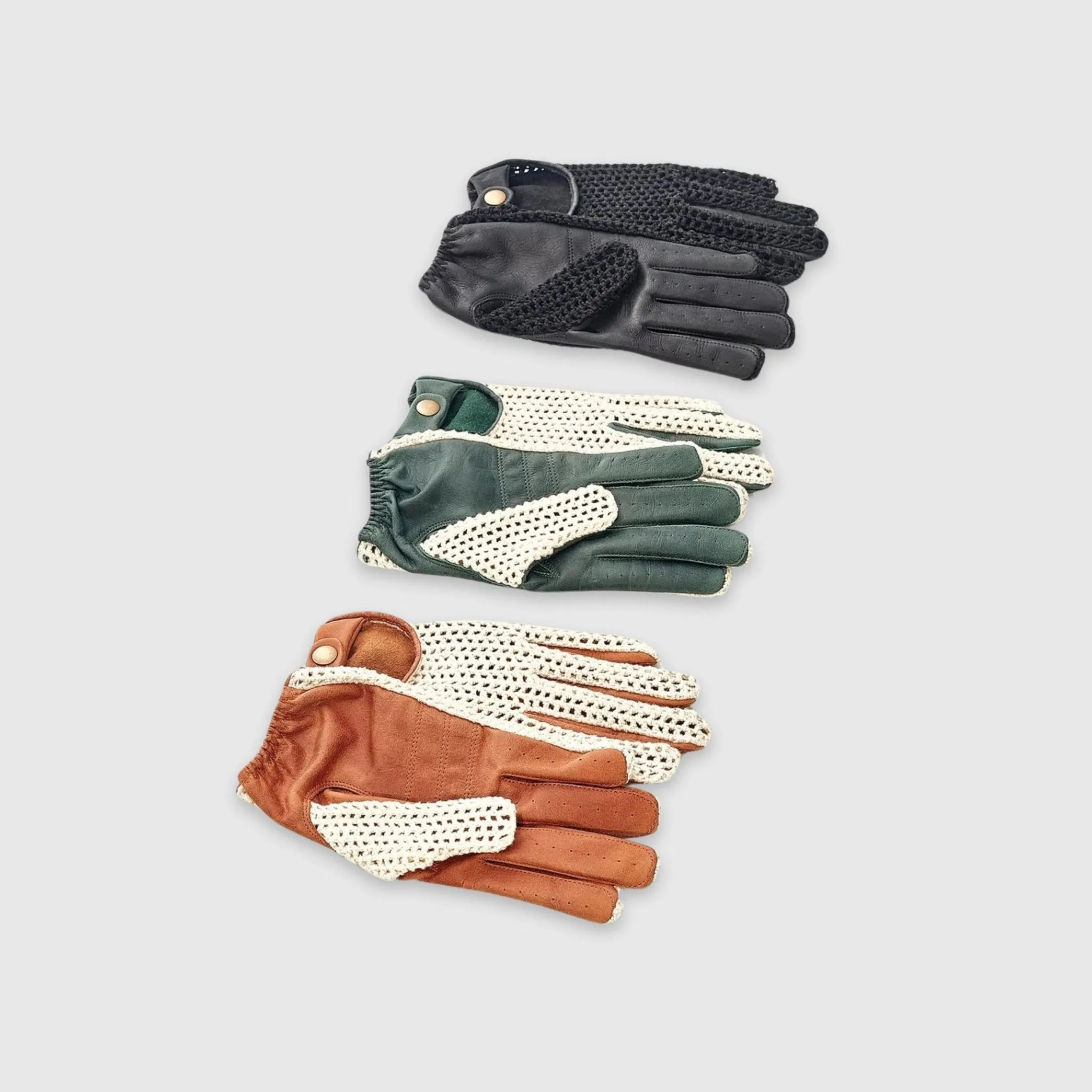 Crochet Knit Leather Driving Gloves - Brown