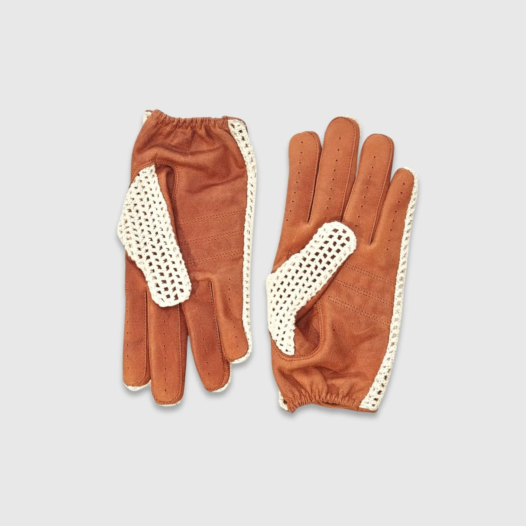 Crochet Knit Leather Driving Gloves - Brown