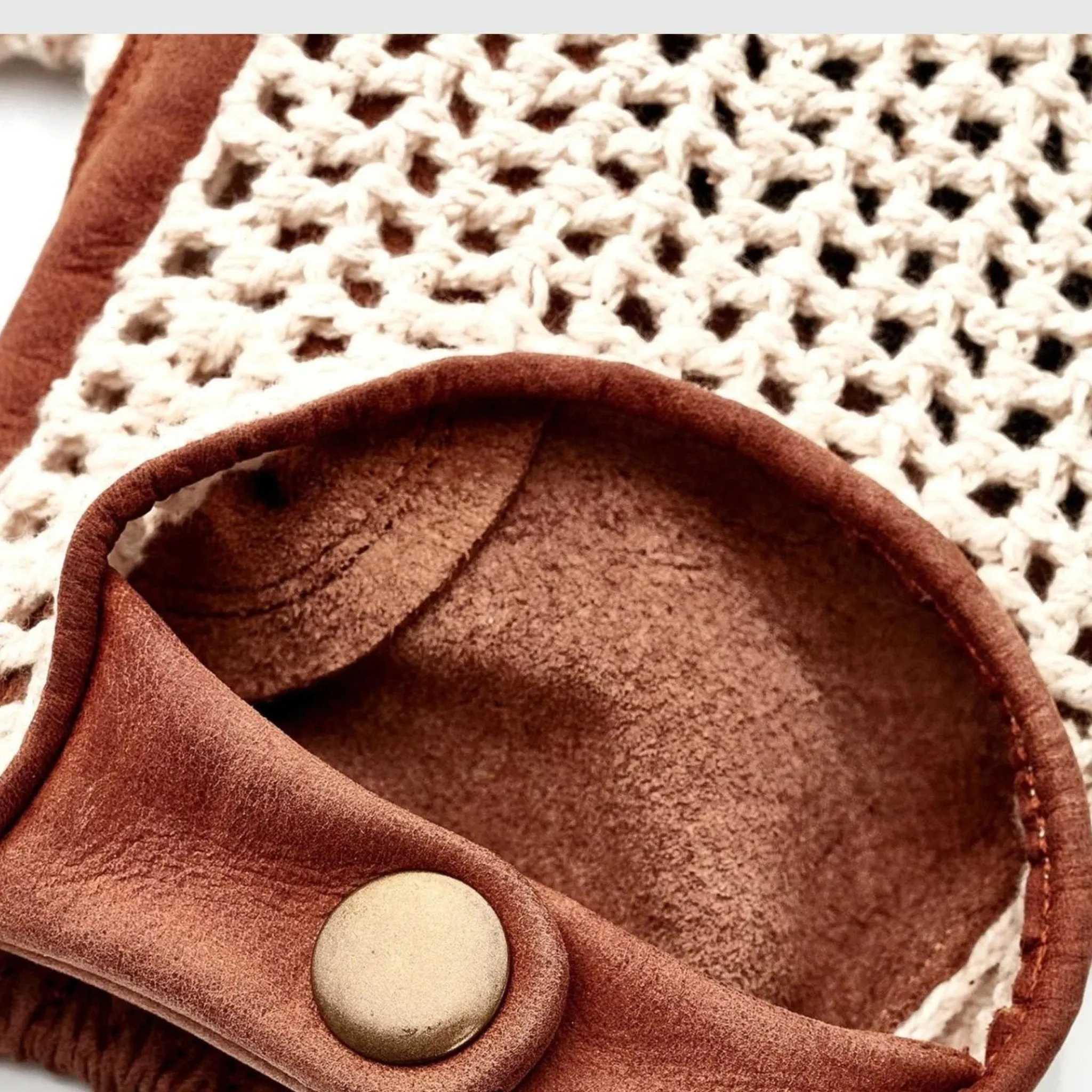 Crochet Knit Leather Driving Gloves - Brown