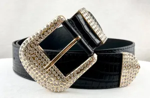 Curvy Rhinestone Buckle Faux Croc Belt