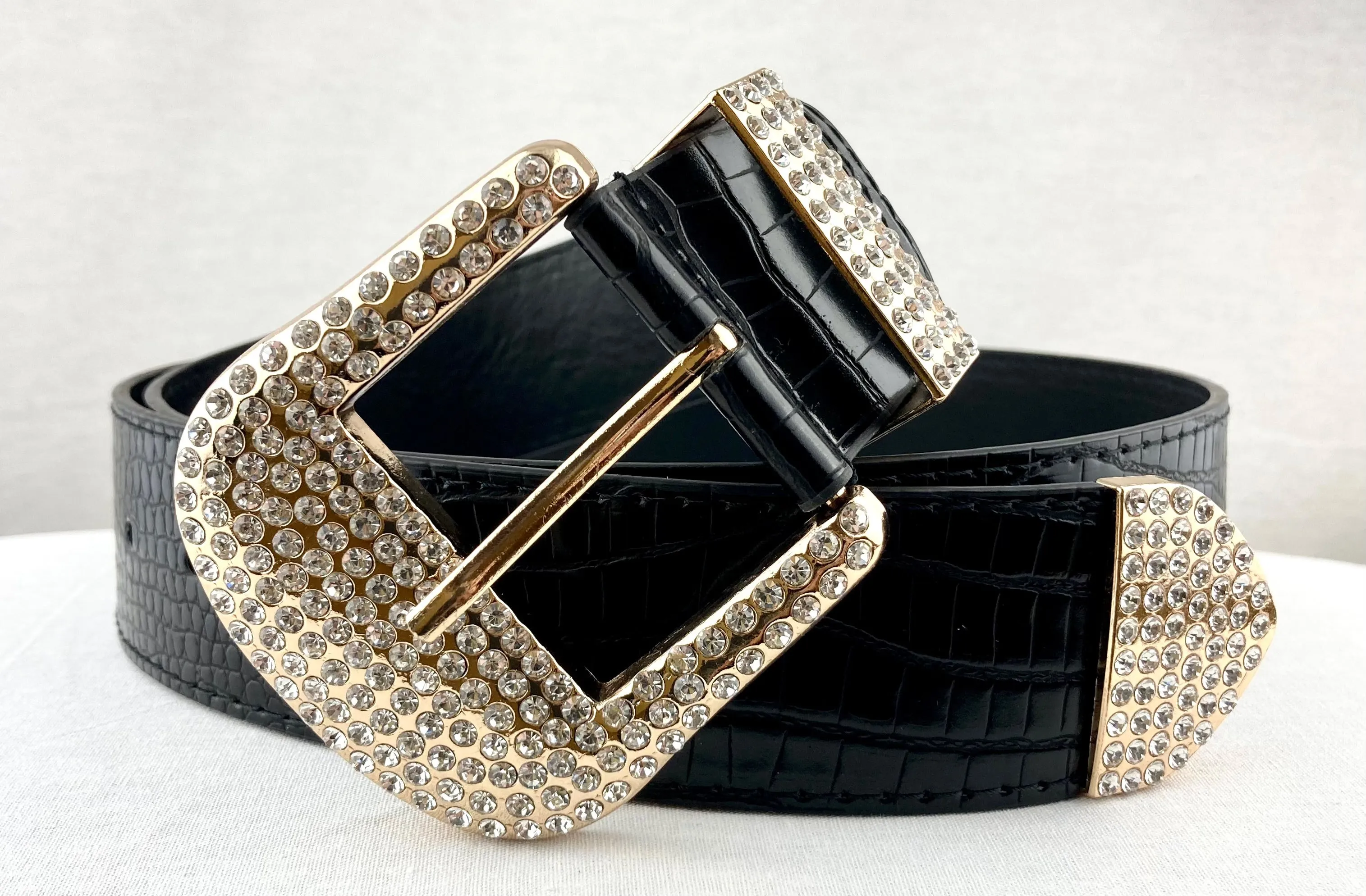 Curvy Rhinestone Buckle Faux Croc Belt