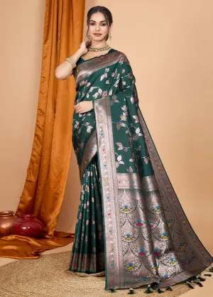 Dark Green Spun Silk Saree With Blouse Piece