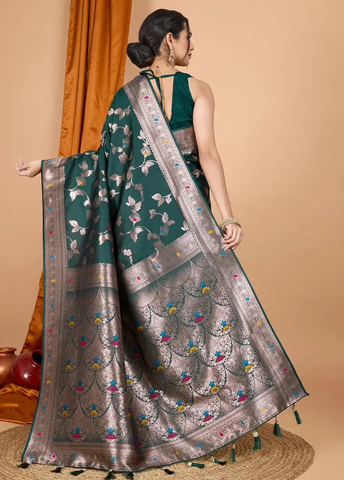 Dark Green Spun Silk Saree With Blouse Piece