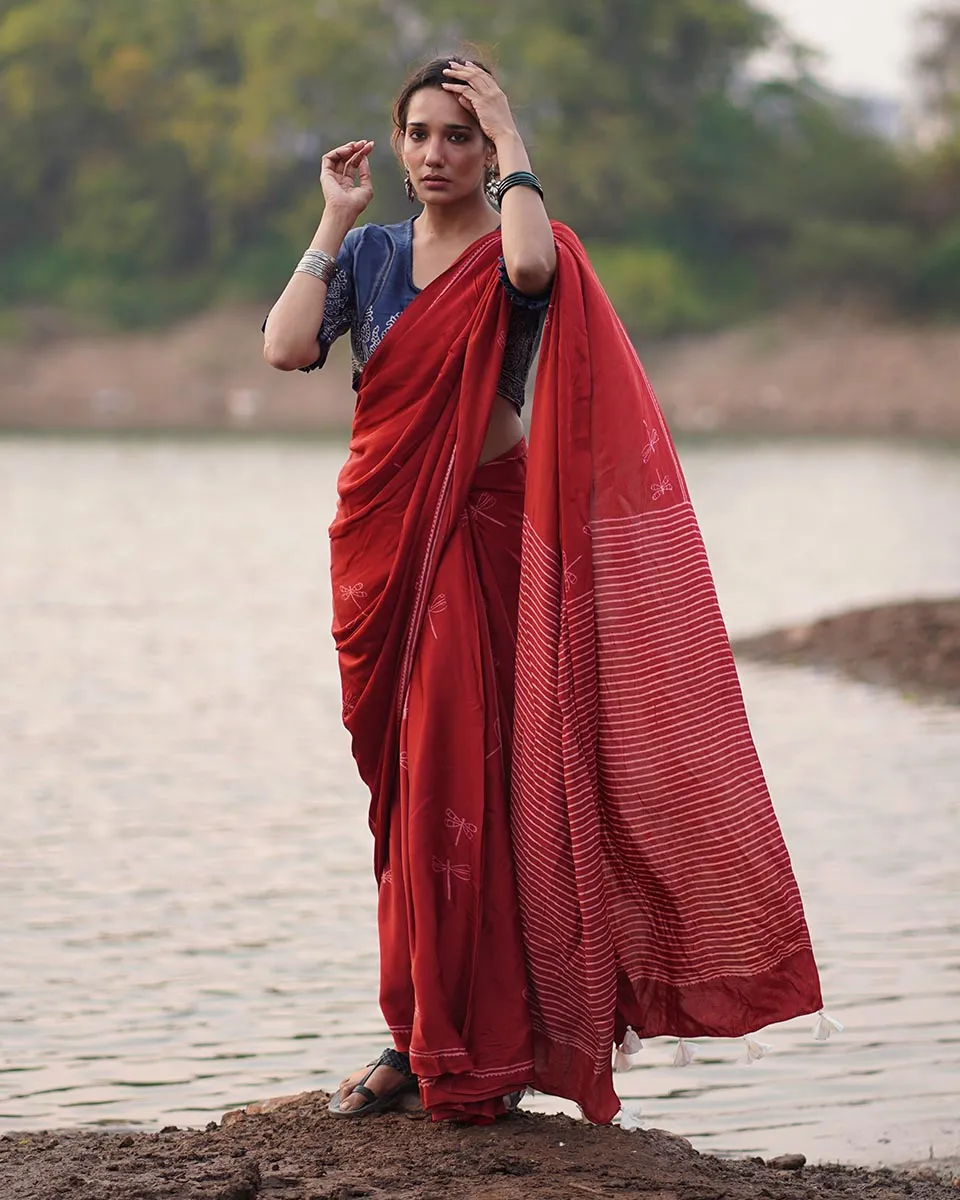 Dhara Blockprinted Modal Silk Saree - Jaisal