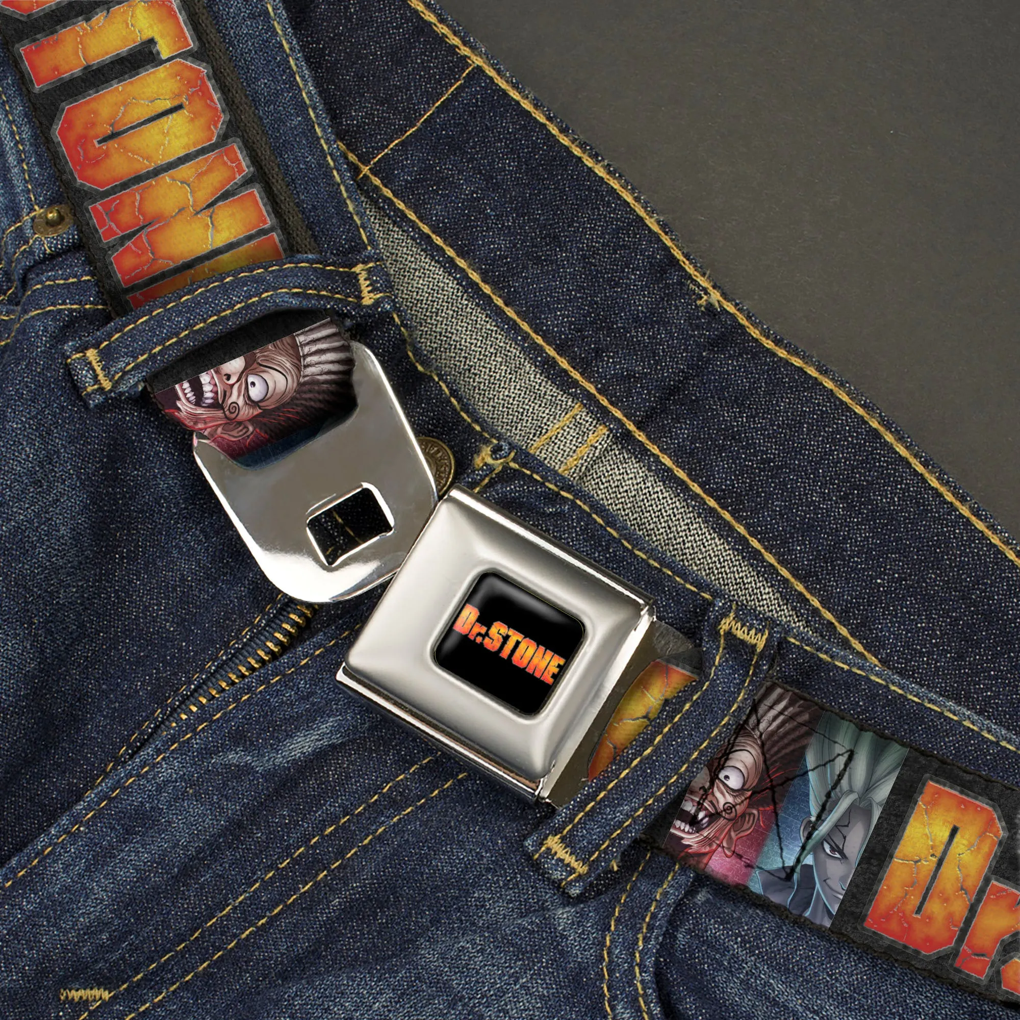DR. STONE Title Logo Full Color Black/Orange Seatbelt Belt - DR. STONE Title Logo and Ibarra Suika Split Pose Black Webbing