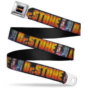 DR. STONE Title Logo Full Color Black/Orange Seatbelt Belt - DR. STONE Title Logo and Ibarra Suika Split Pose Black Webbing