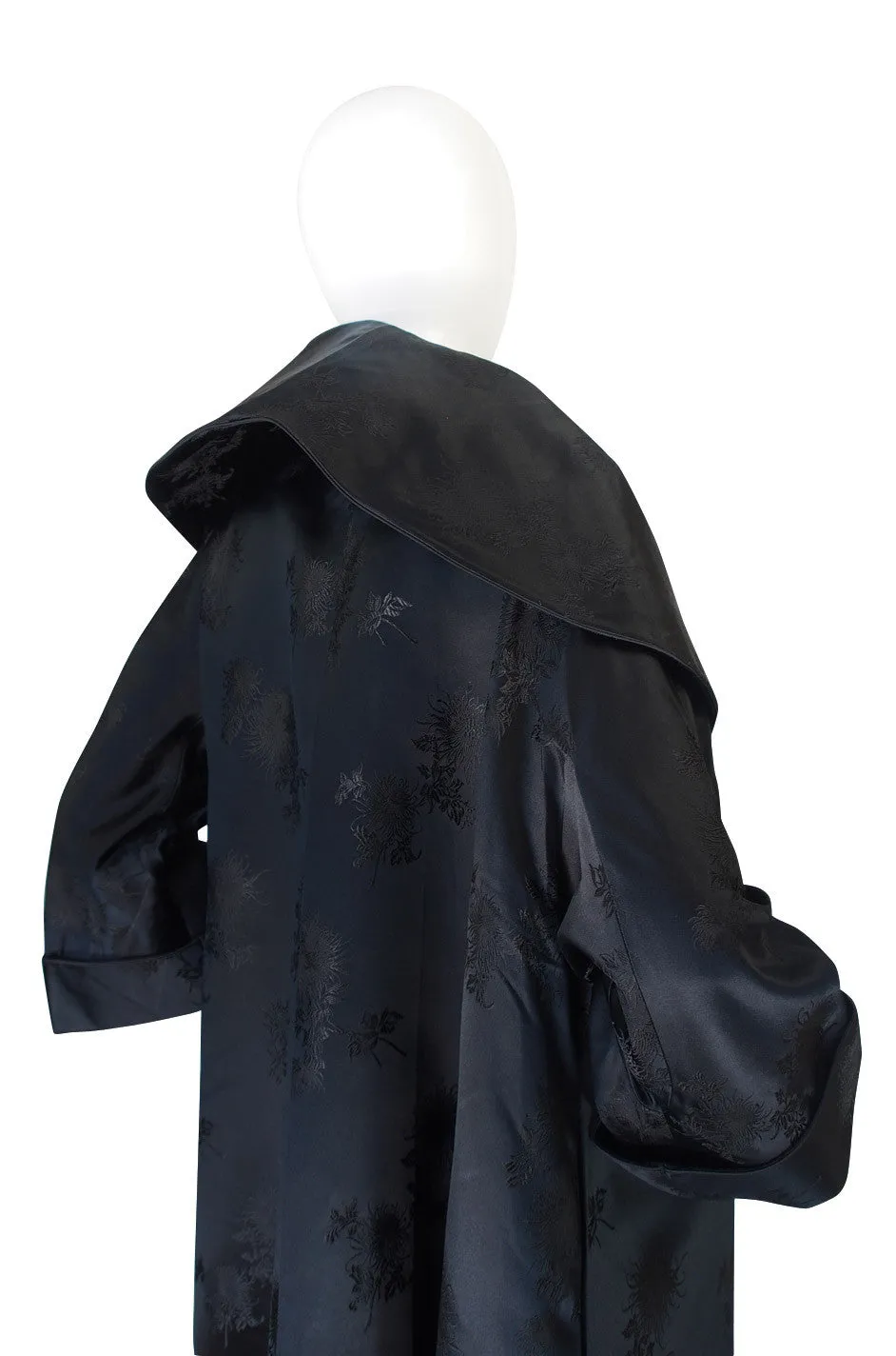 Dramatic 1950s Woven Floral Black Silk Opera Coat