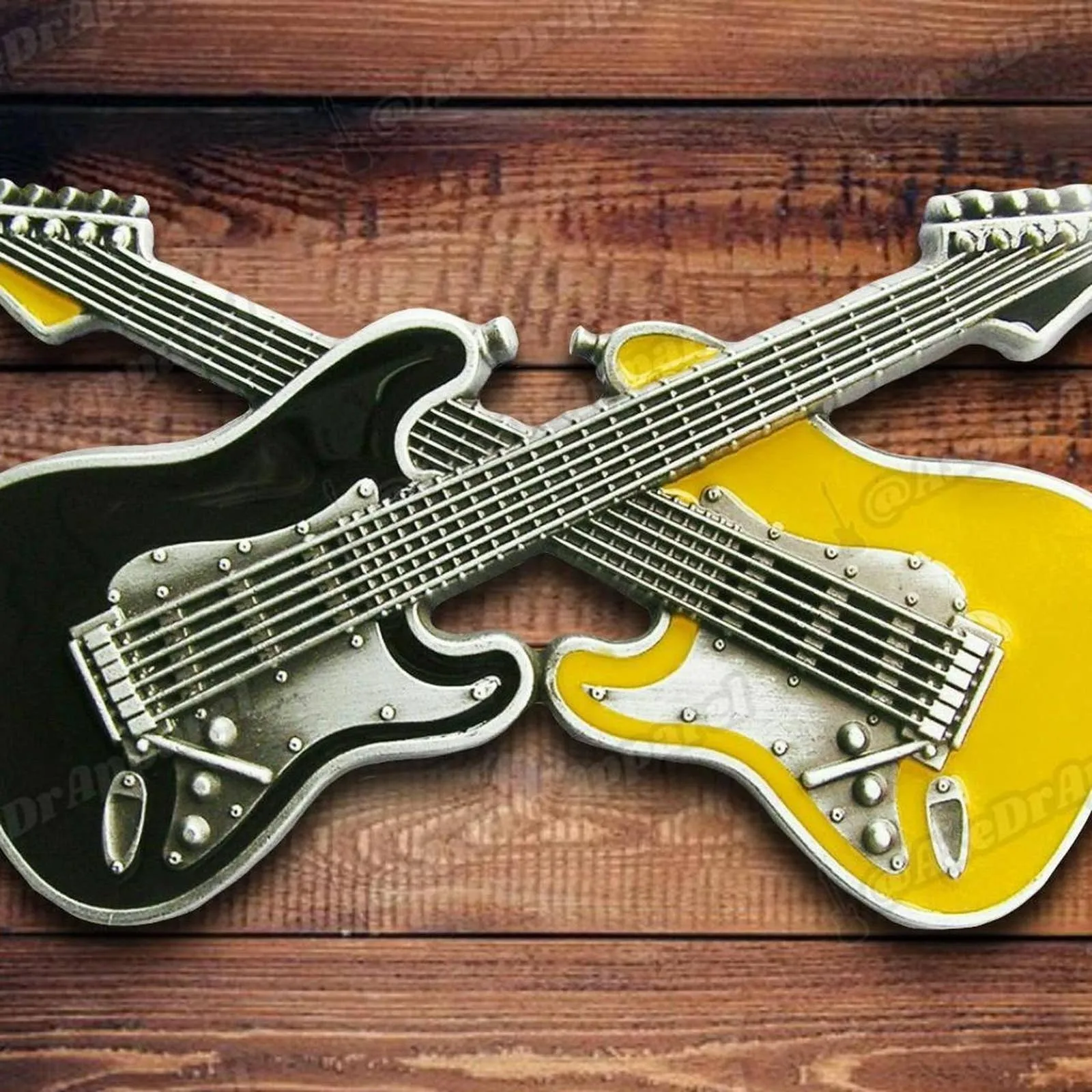 Dual Guitars Belt Buckle Black Enamel / Crossed Guitars Belt Buckle