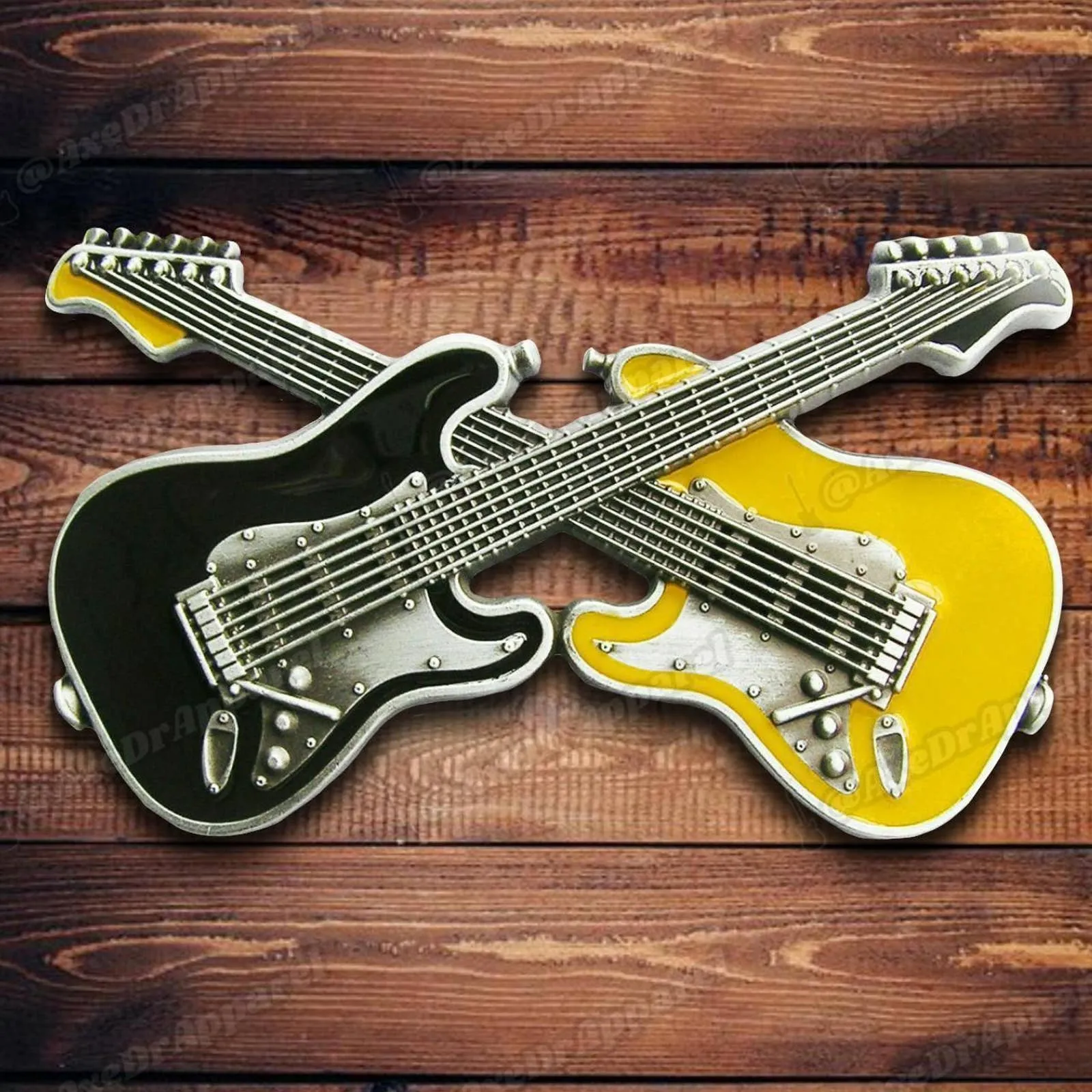 Dual Guitars Belt Buckle Black Enamel / Crossed Guitars Belt Buckle