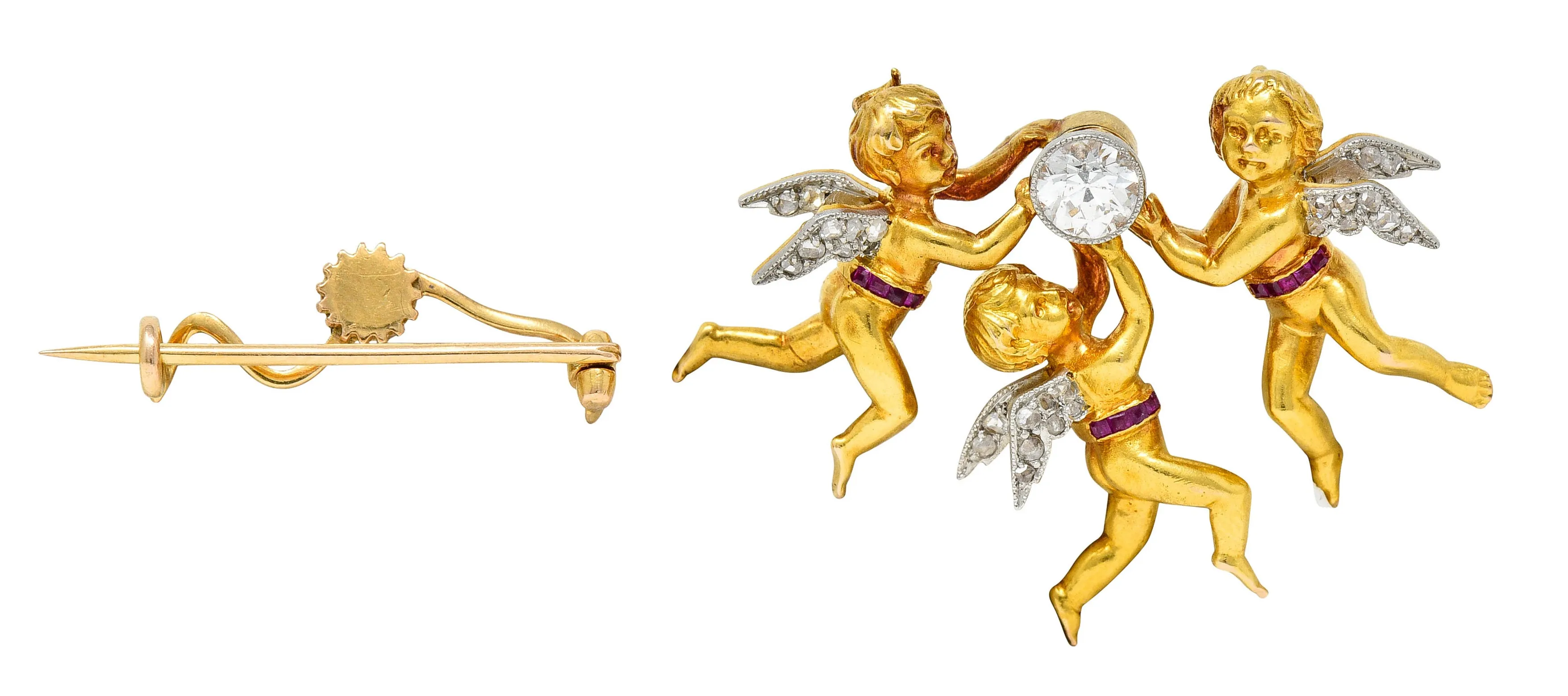 Edwardian Diamond Ruby Platinum-Topped 18 Karat Gold Cherubic Pendant Brooch