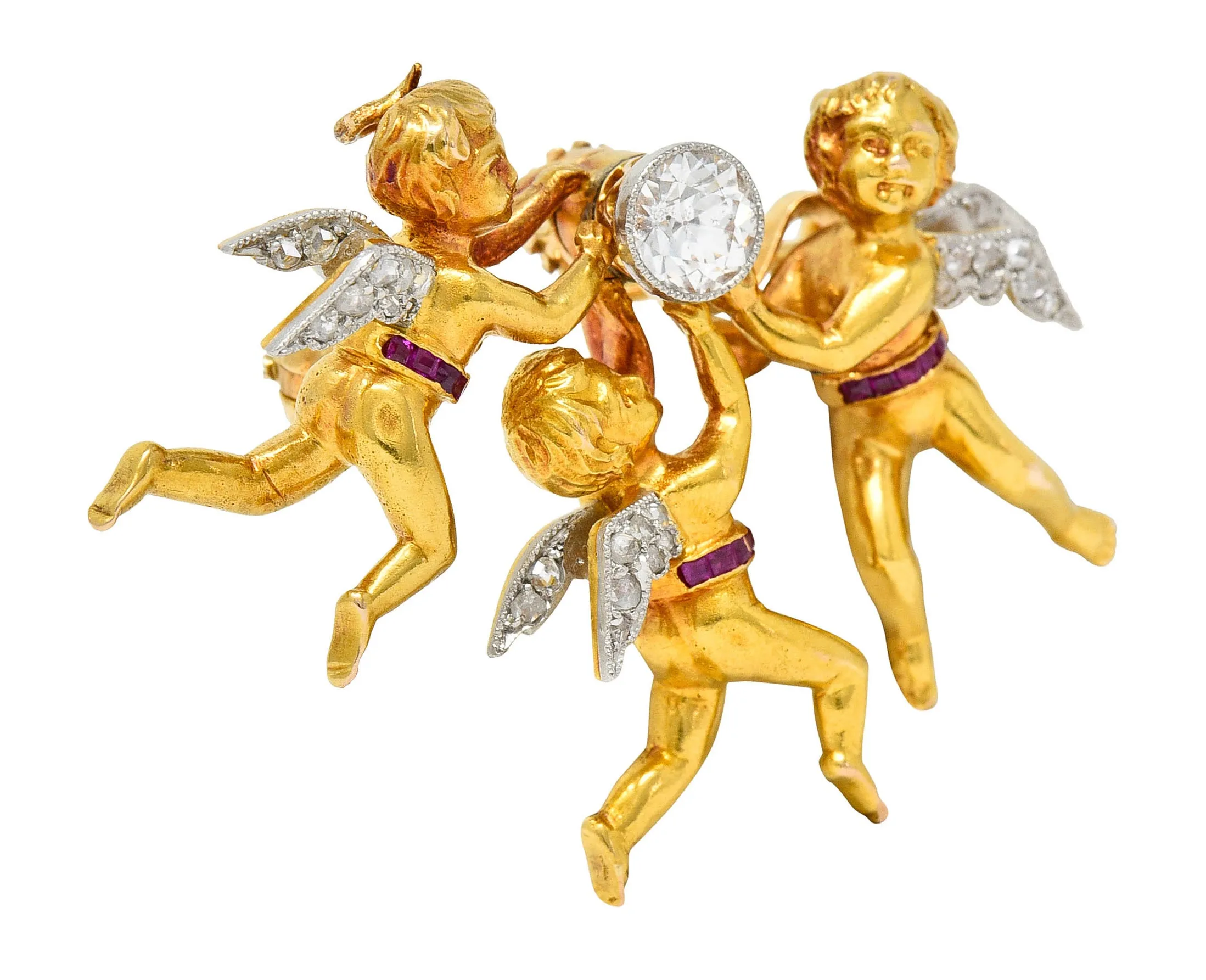 Edwardian Diamond Ruby Platinum-Topped 18 Karat Gold Cherubic Pendant Brooch