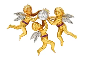 Edwardian Diamond Ruby Platinum-Topped 18 Karat Gold Cherubic Pendant Brooch