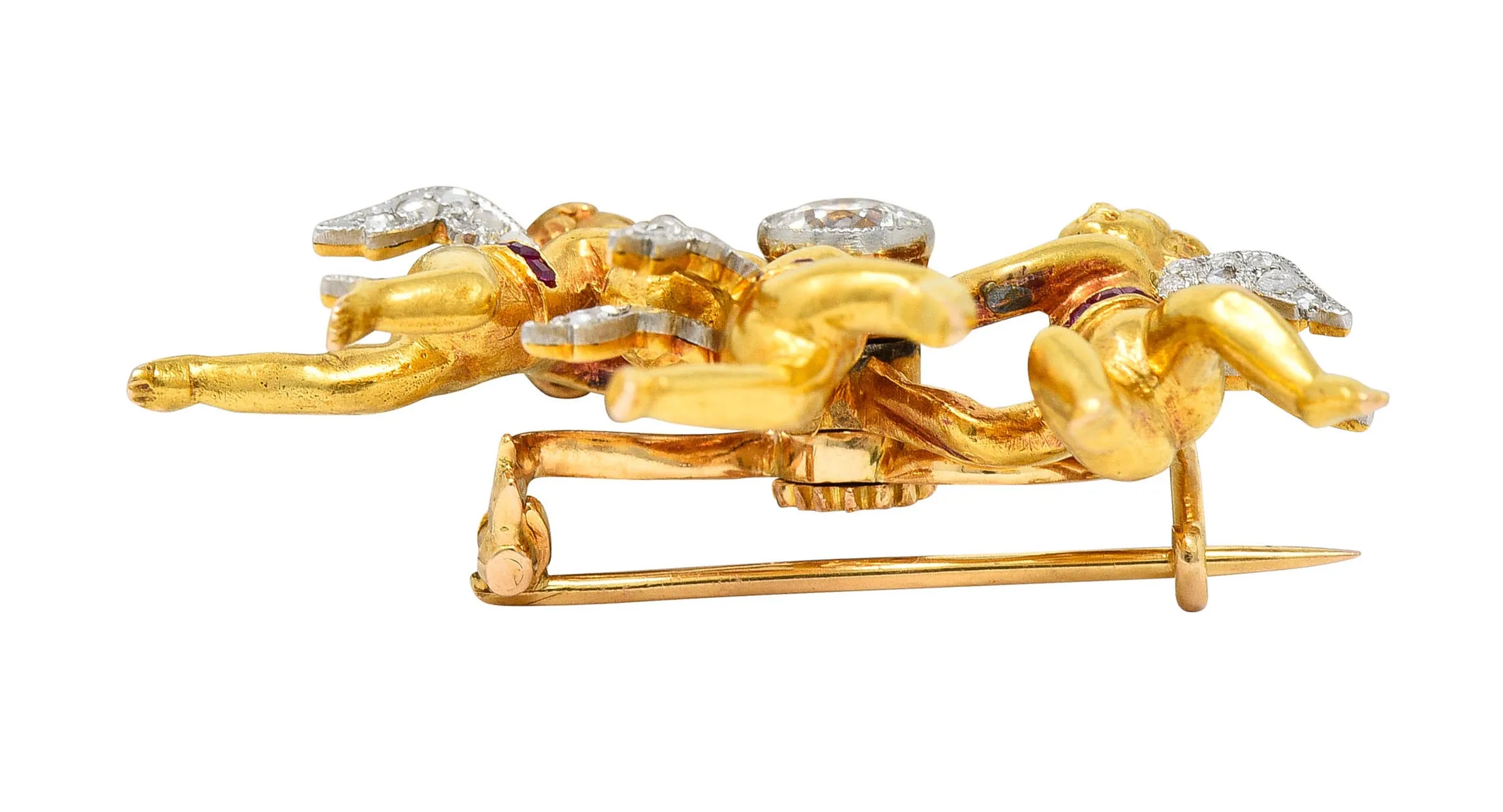 Edwardian Diamond Ruby Platinum-Topped 18 Karat Gold Cherubic Pendant Brooch