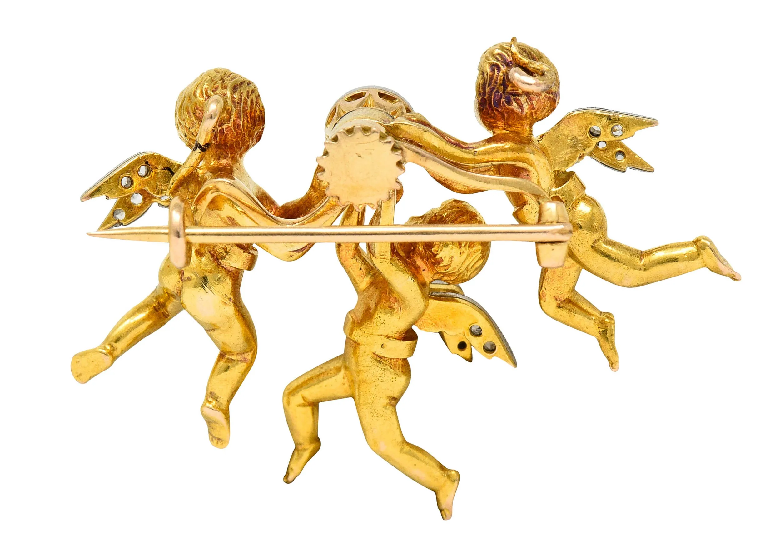 Edwardian Diamond Ruby Platinum-Topped 18 Karat Gold Cherubic Pendant Brooch