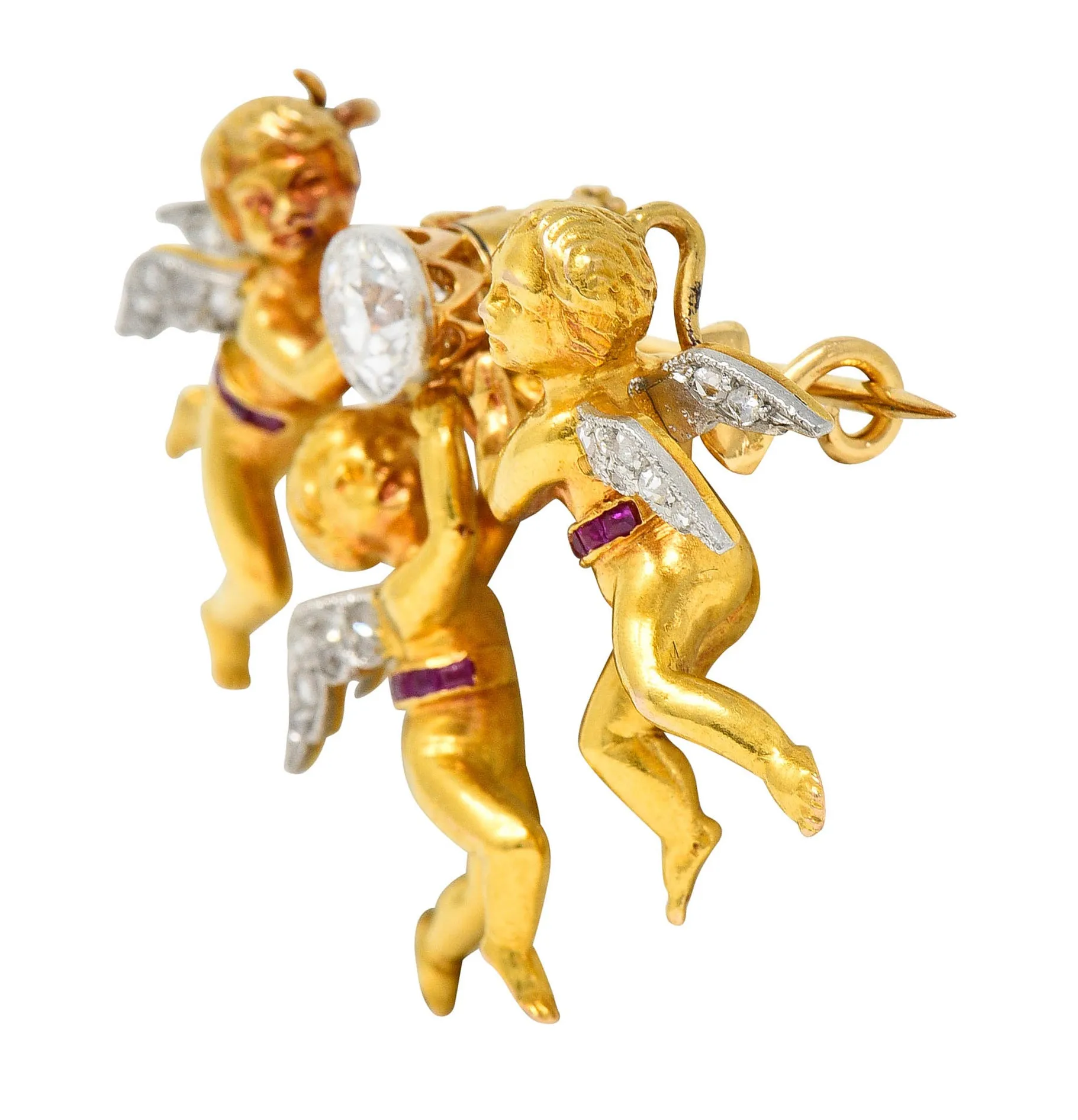 Edwardian Diamond Ruby Platinum-Topped 18 Karat Gold Cherubic Pendant Brooch