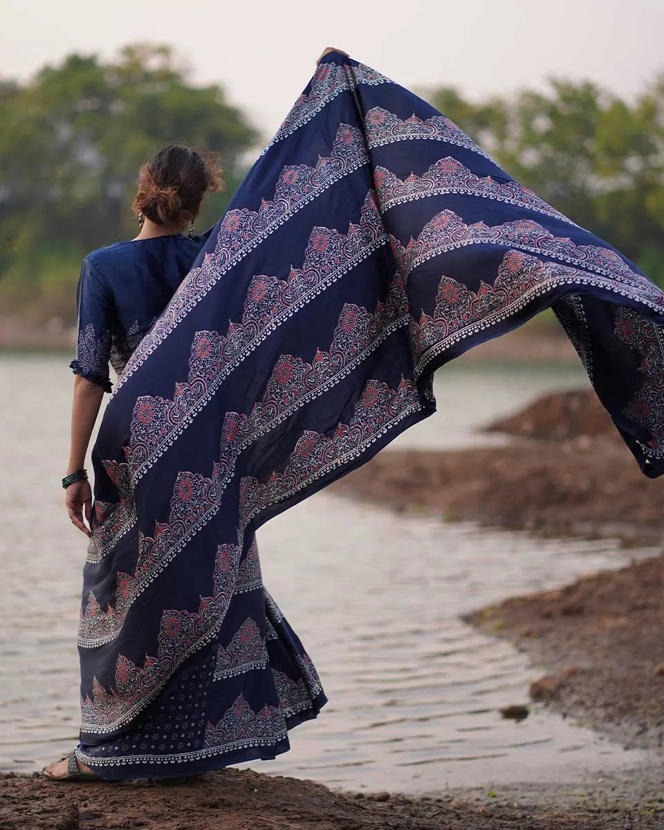 Elishat Blockprinted Modal Silk Saree - Jaisal