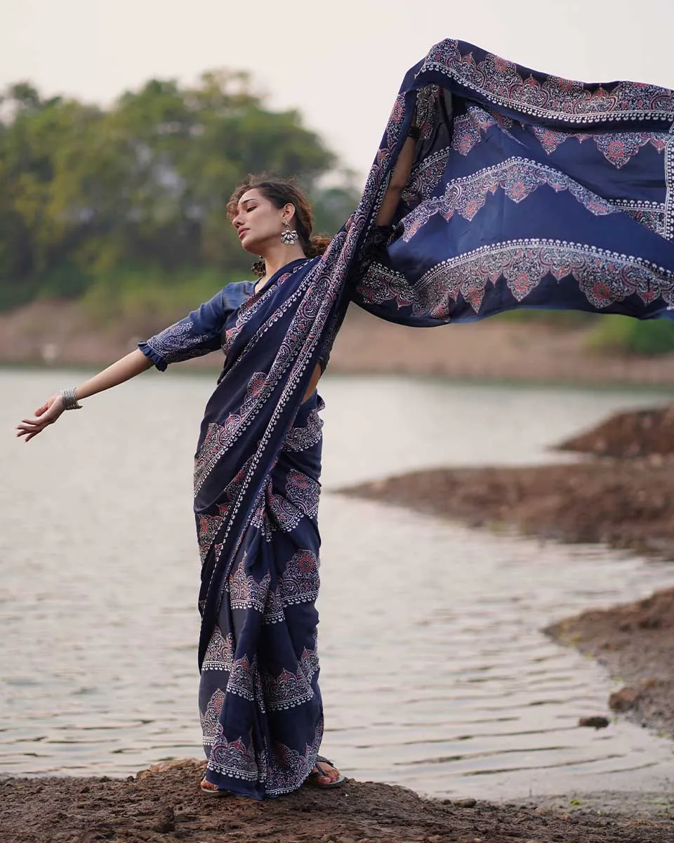 Elishat Blockprinted Modal Silk Saree - Jaisal