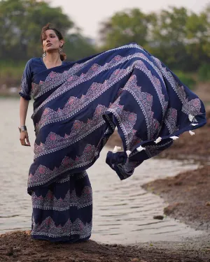 Elishat Blockprinted Modal Silk Saree - Jaisal