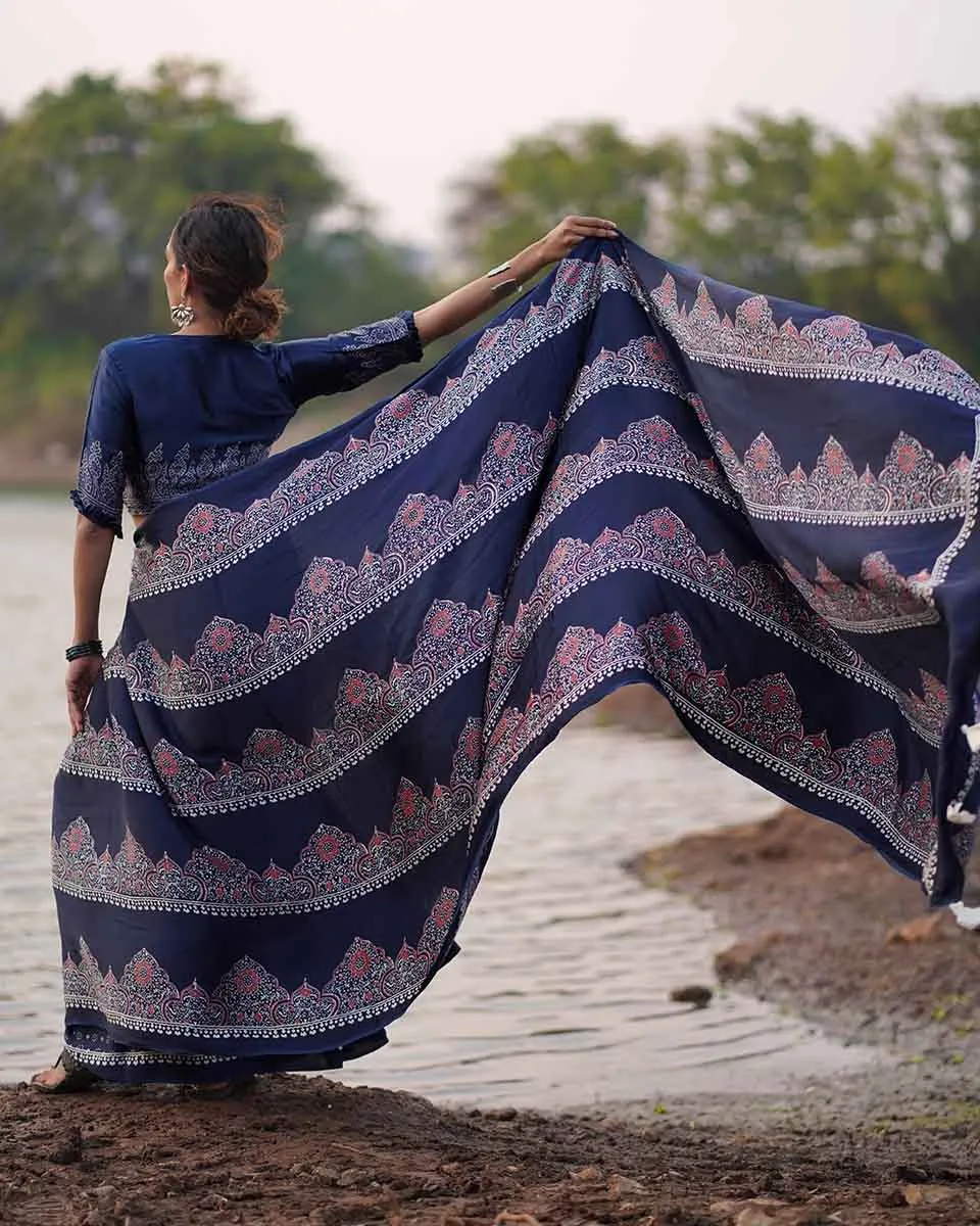 Elishat Blockprinted Modal Silk Saree - Jaisal