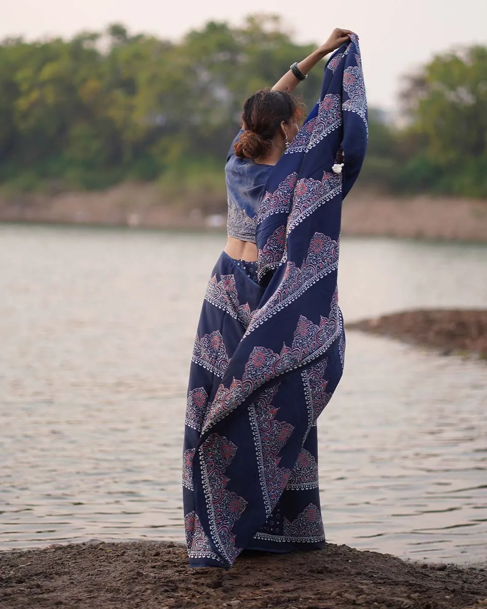Elishat Blockprinted Modal Silk Saree - Jaisal