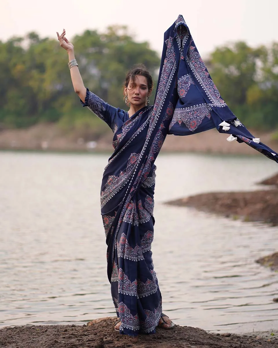Elishat Blockprinted Modal Silk Saree - Jaisal