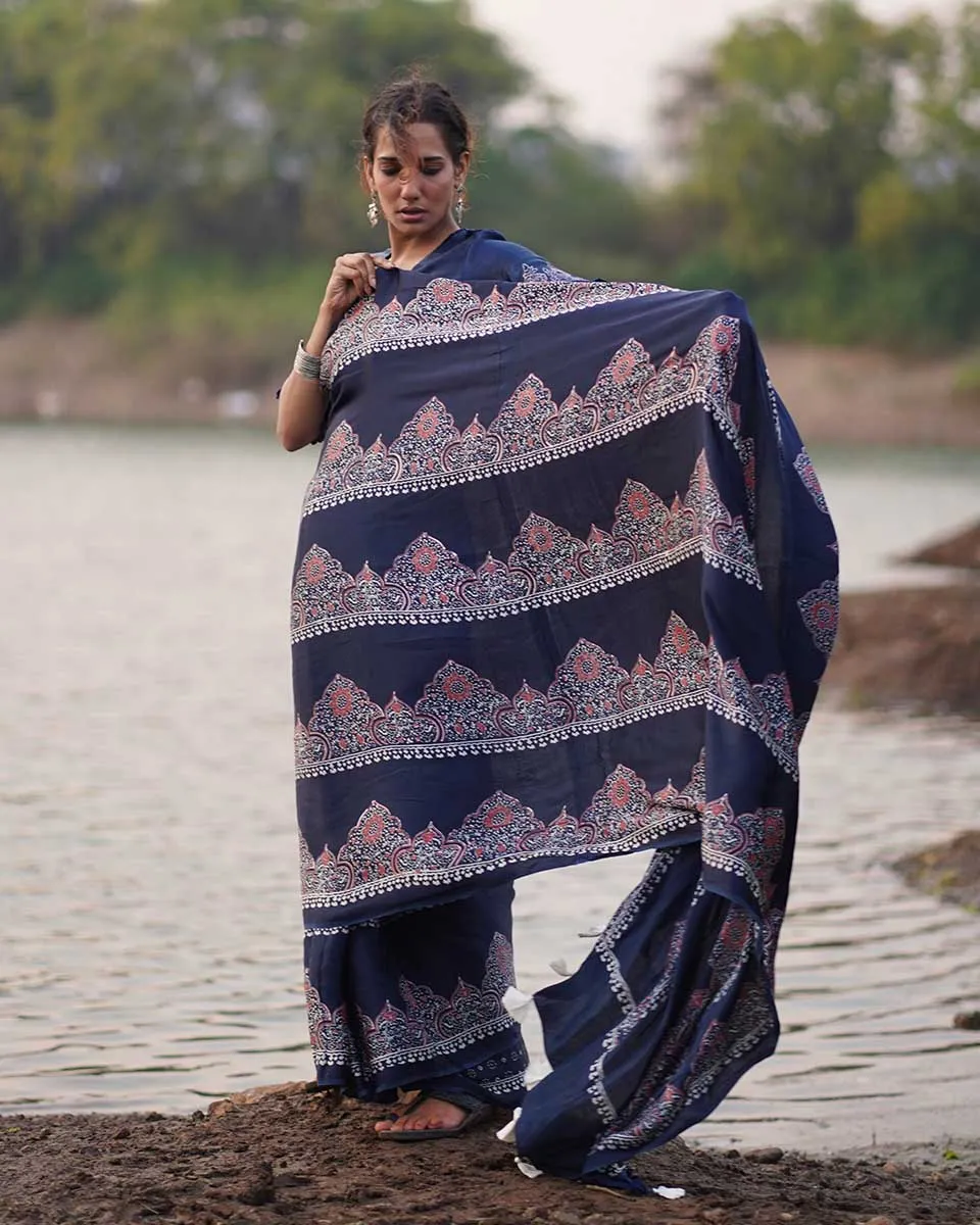 Elishat Blockprinted Modal Silk Saree - Jaisal
