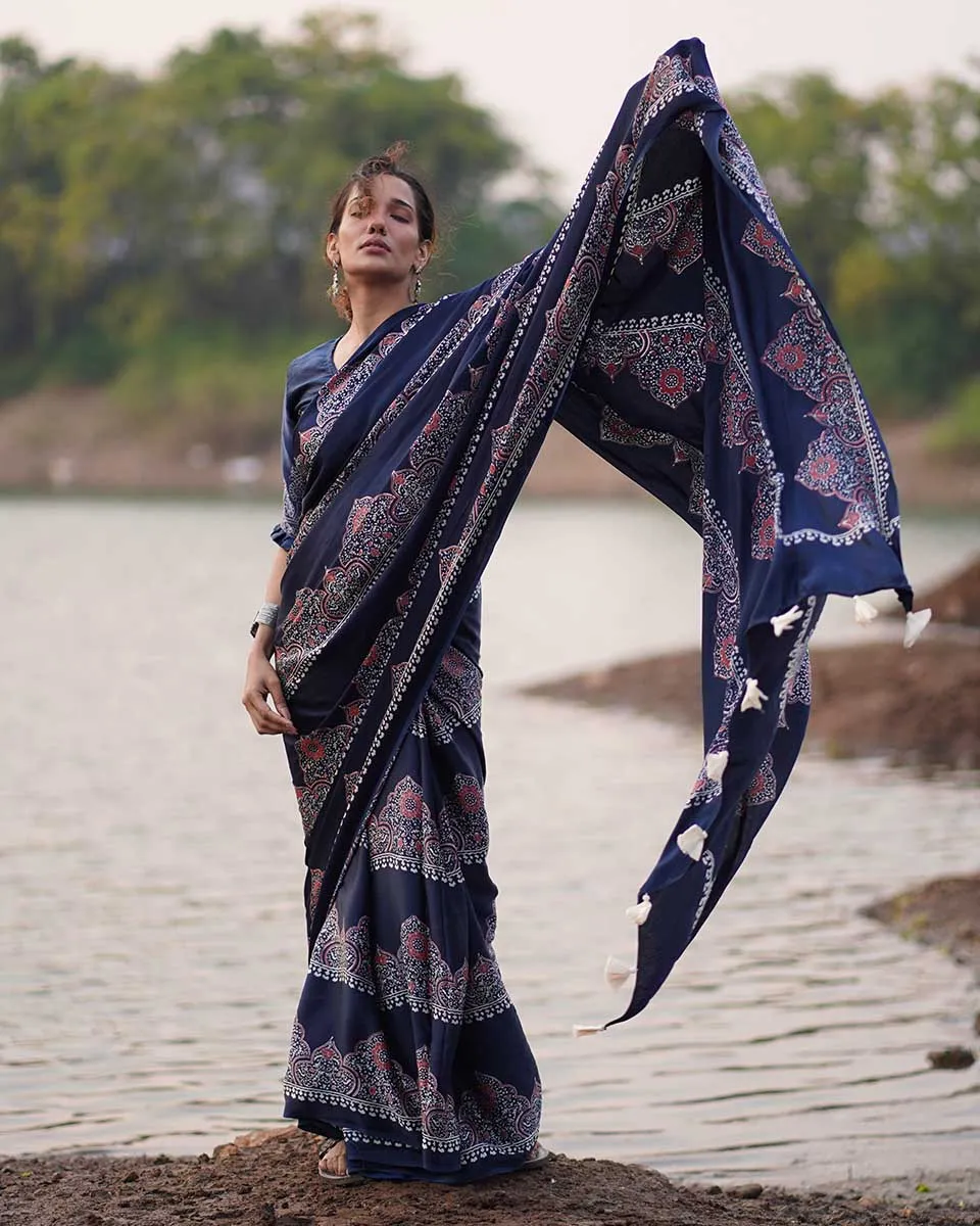 Elishat Blockprinted Modal Silk Saree - Jaisal