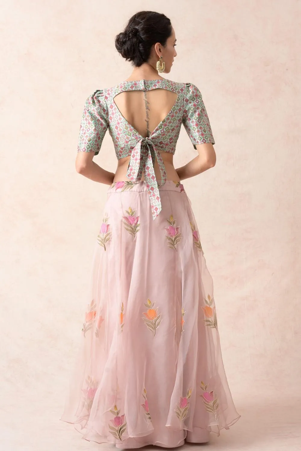 Embroidered Blouse With Organza Lehenga, Dupatta