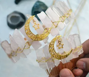 Exquisite headband Rose Quartz crown golden moon stars headband crystal high jewelry  hair comb wedding gift