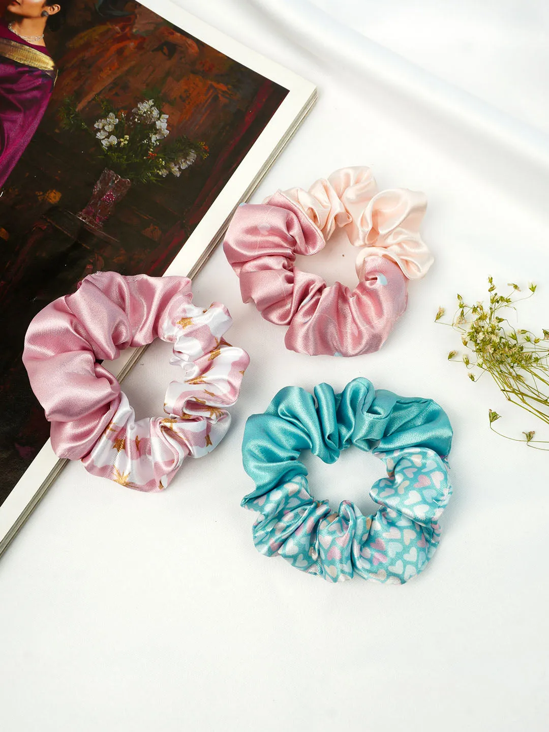 Ferosh Blue-Pink Satin Scrunchies Set of 3