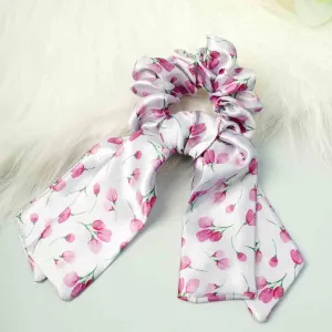 Ferosh White & Pink Tulip Printed Tail Scrunchie