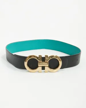 Ferragamo Black/Teal Leather Convertible Gancini Wide Belt - 80