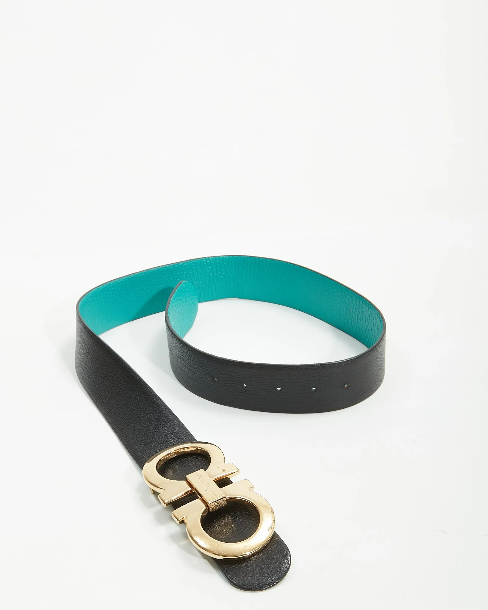 Ferragamo Black/Teal Leather Convertible Gancini Wide Belt - 80