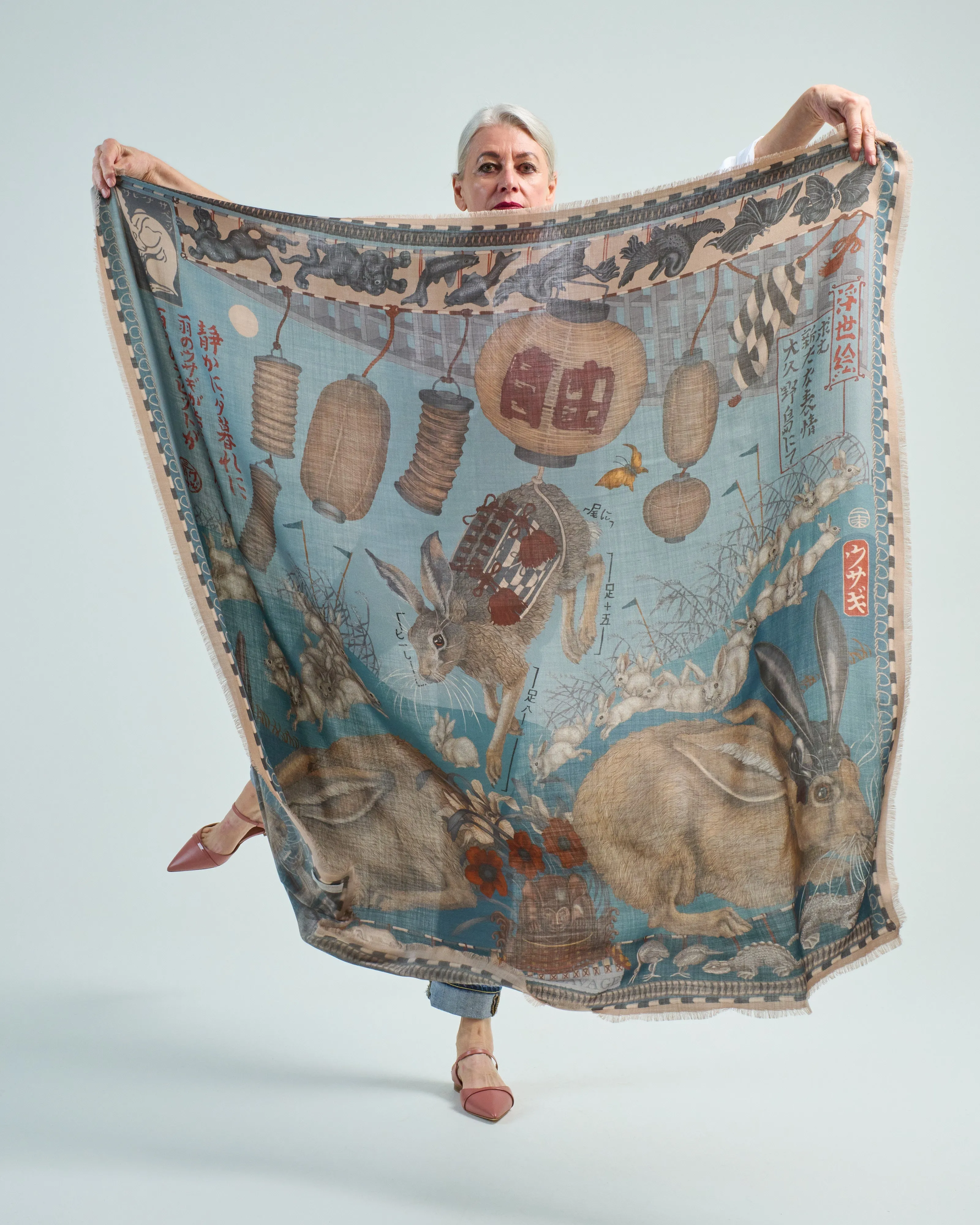 floating rabbits wool/silk square scarf