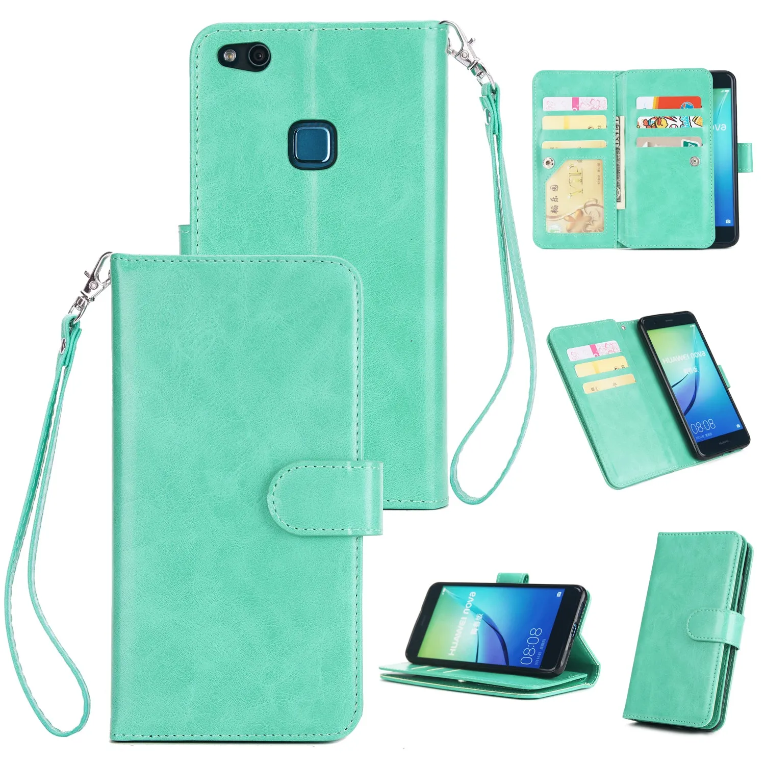 For HUAWEI P10 Lite Leather Protective Phone Case with 9 Card Position Buckle Bracket Lanyard red