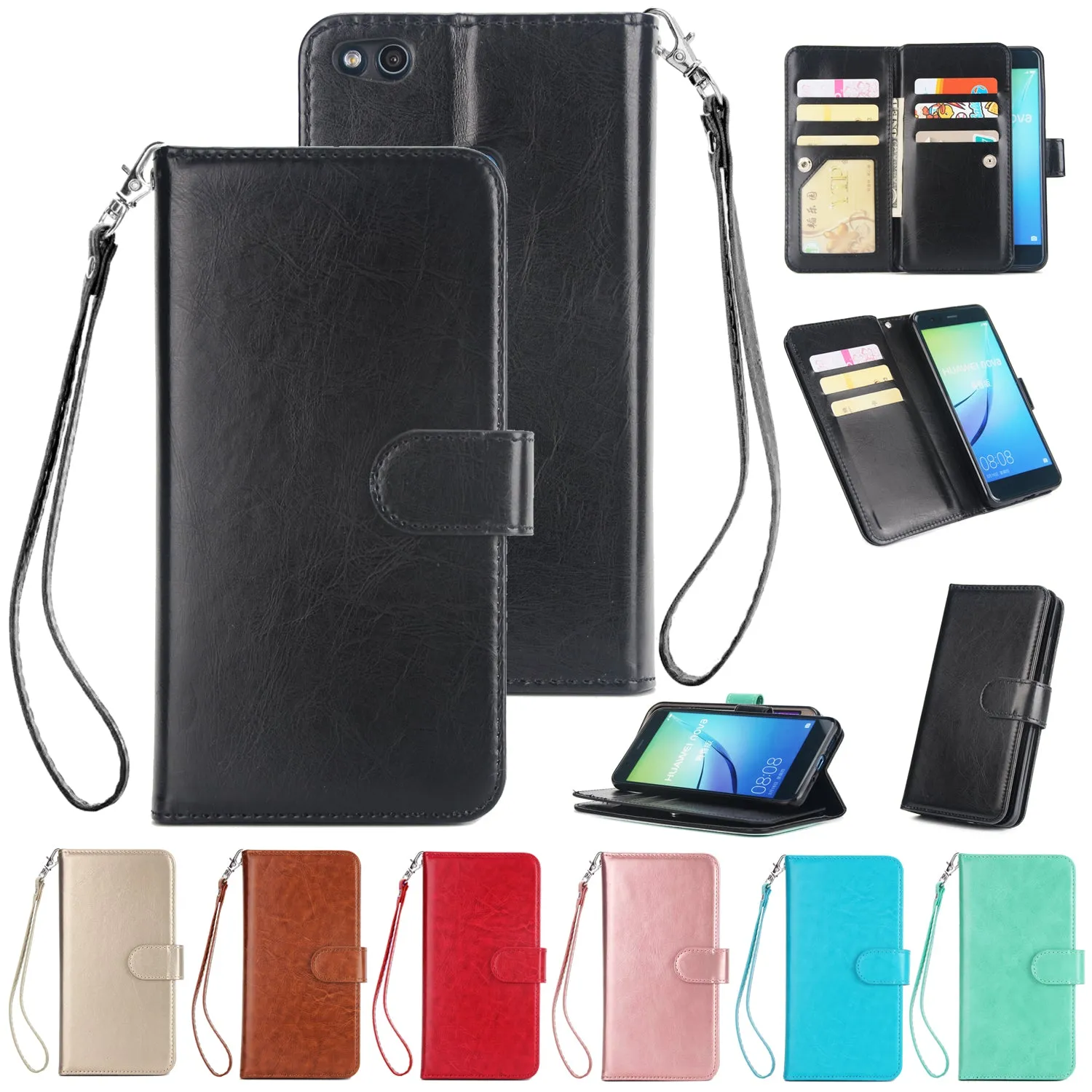 For HUAWEI P10 Lite Leather Protective Phone Case with 9 Card Position Buckle Bracket Lanyard red