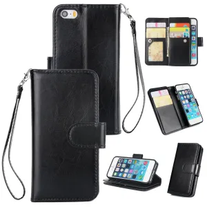 For iPhone 5/5S/SE PU Cell Phone Case Protective Leather Cover with Buckle & 9 Card Position & Lanyard & Bracket black