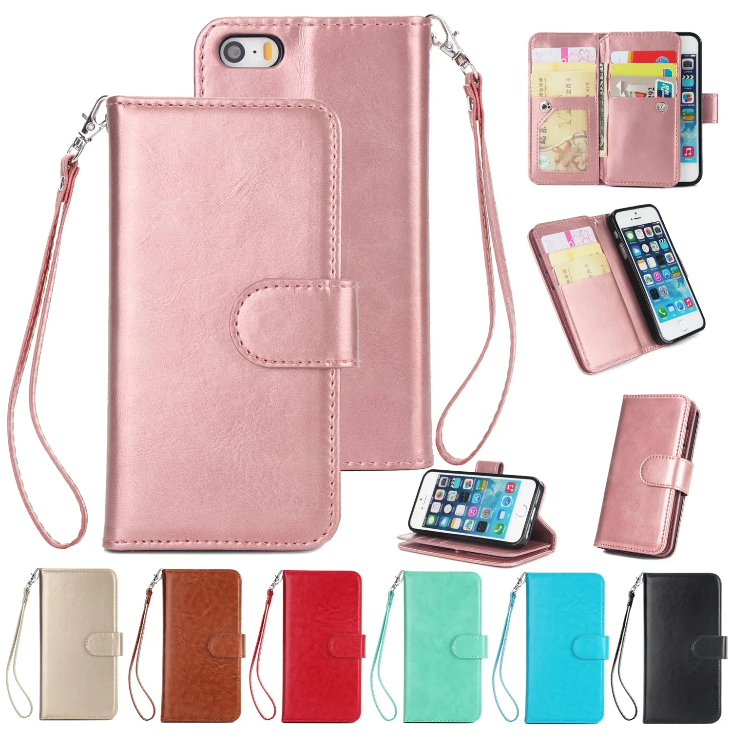 For iPhone 5/5S/SE PU Cell Phone Case Protective Leather Cover with Buckle & 9 Card Position & Lanyard & Bracket Rose gold