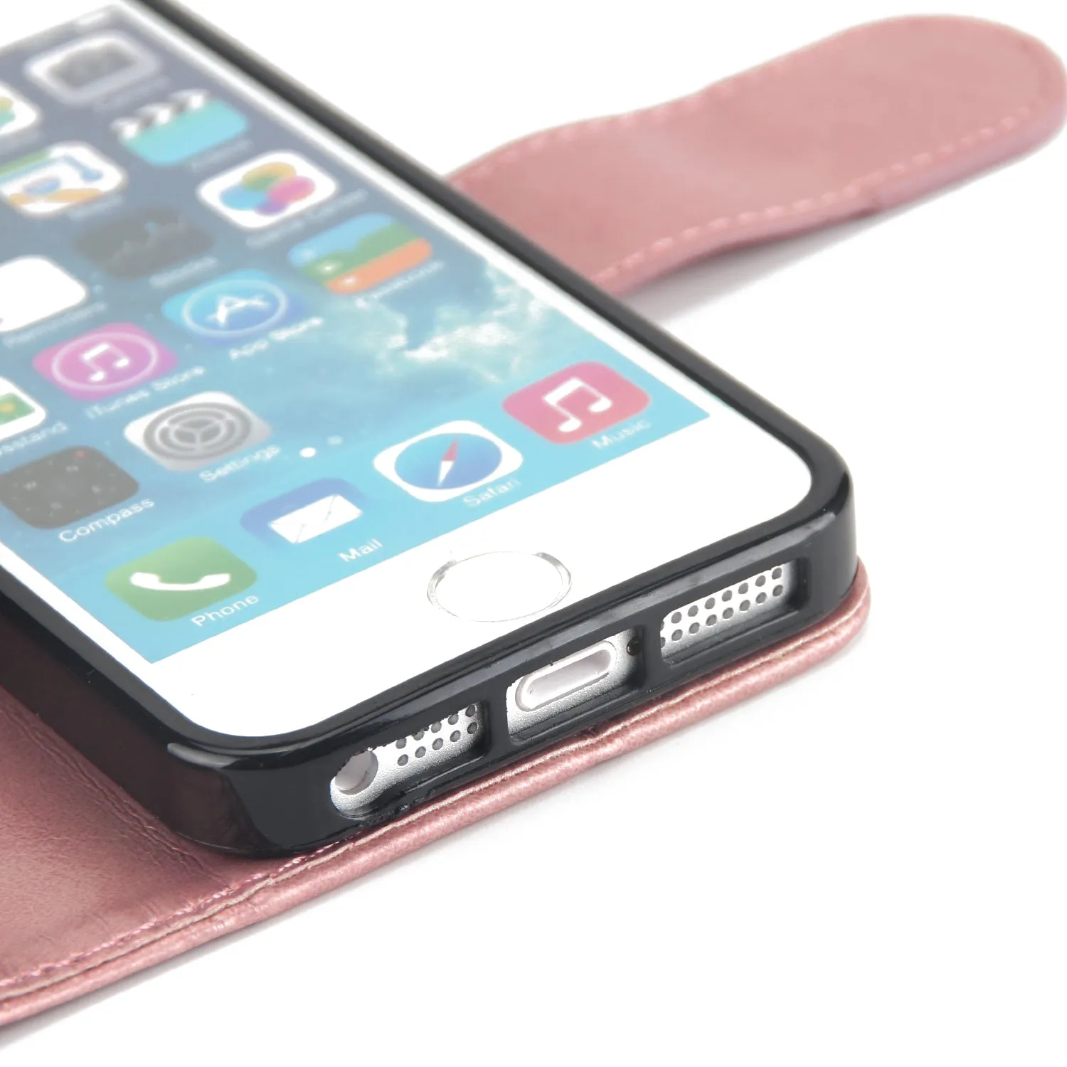 For iPhone 5/5S/SE PU Cell Phone Case Protective Leather Cover with Buckle & 9 Card Position & Lanyard & Bracket Rose gold