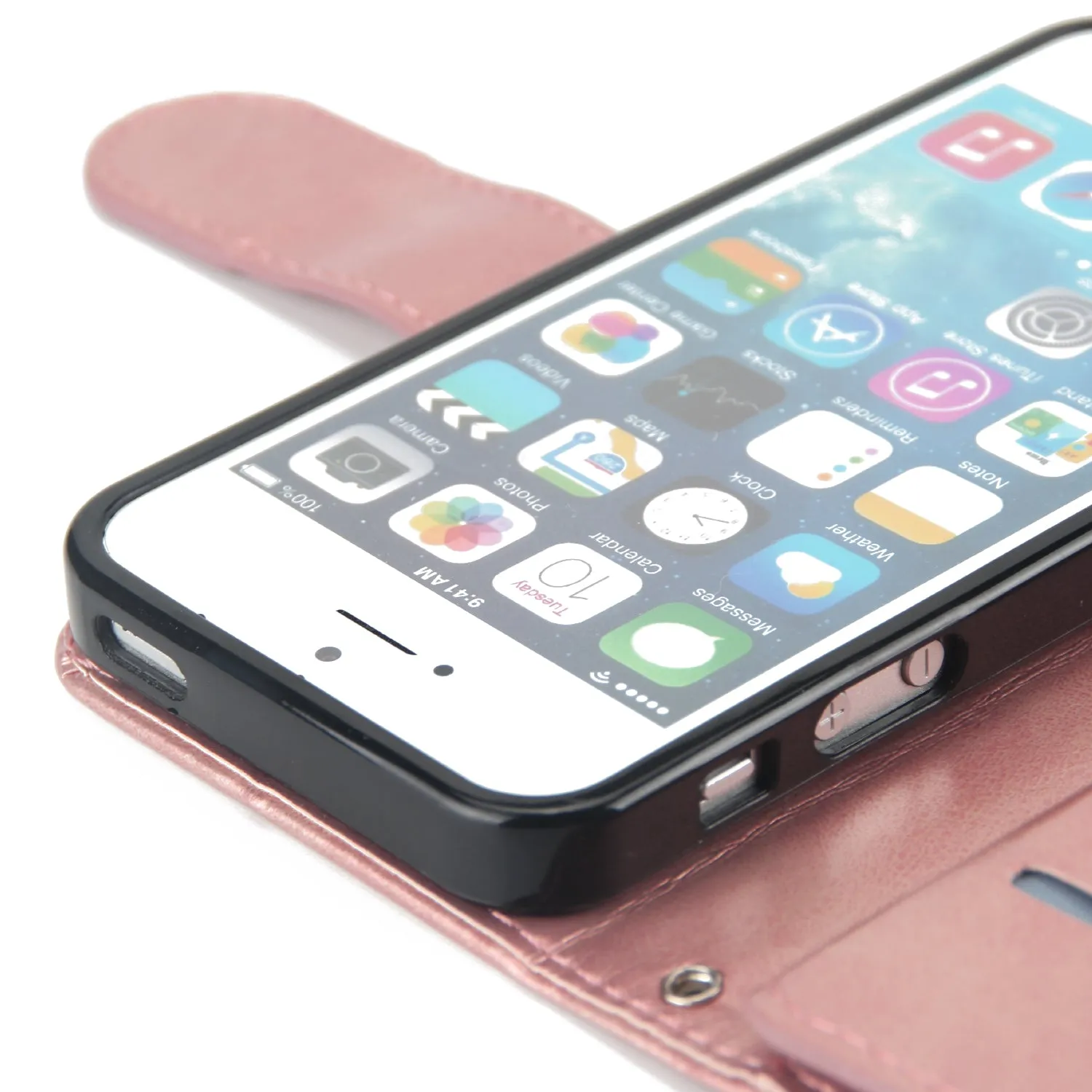For iPhone 5/5S/SE PU Cell Phone Case Protective Leather Cover with Buckle & 9 Card Position & Lanyard & Bracket Rose gold