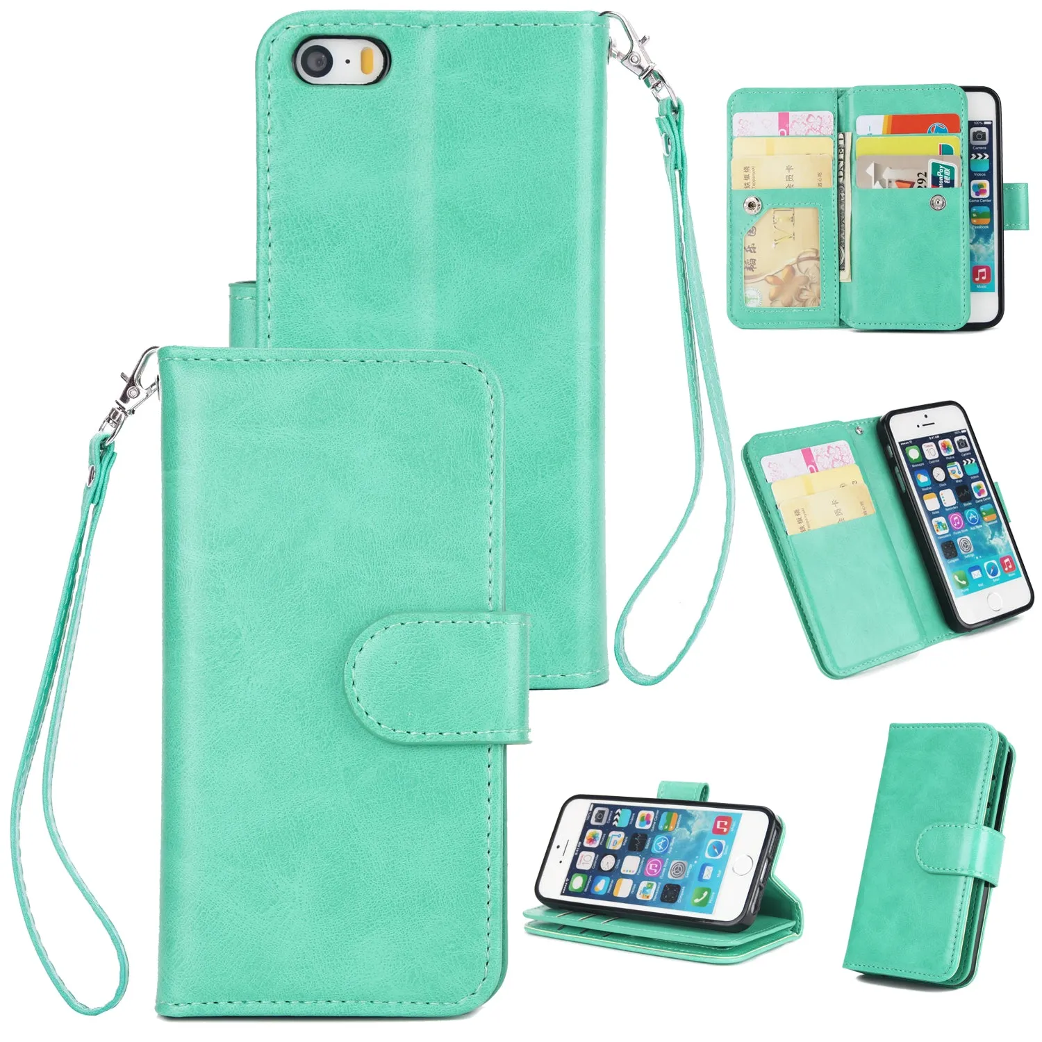 For iPhone 5/5S/SE PU Cell Phone Case Protective Leather Cover with Buckle & 9 Card Position & Lanyard & Bracket Rose gold